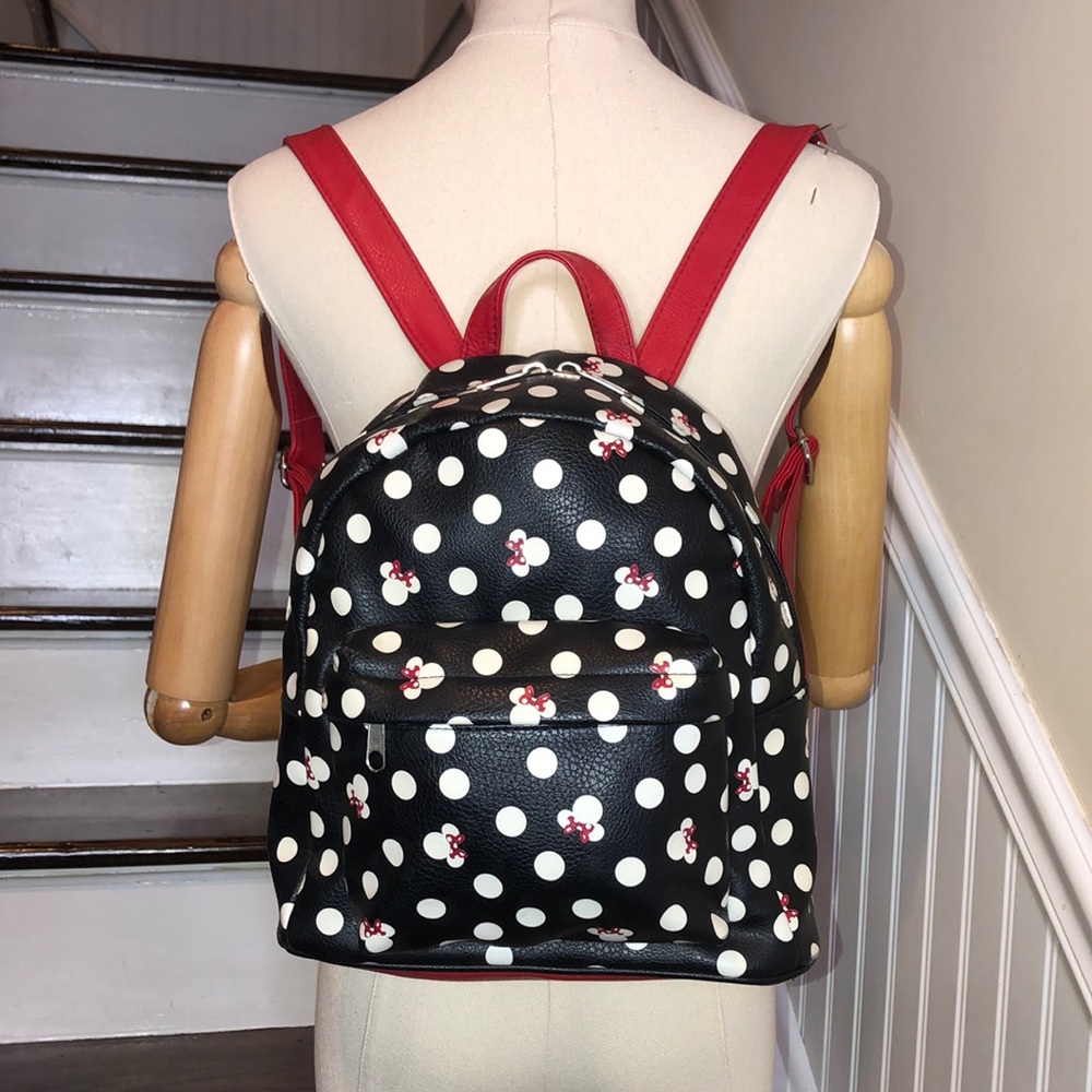 DISNEY Minney Mouse Backpack Black Red & White Bag Red Lining Like New RARE HTF
